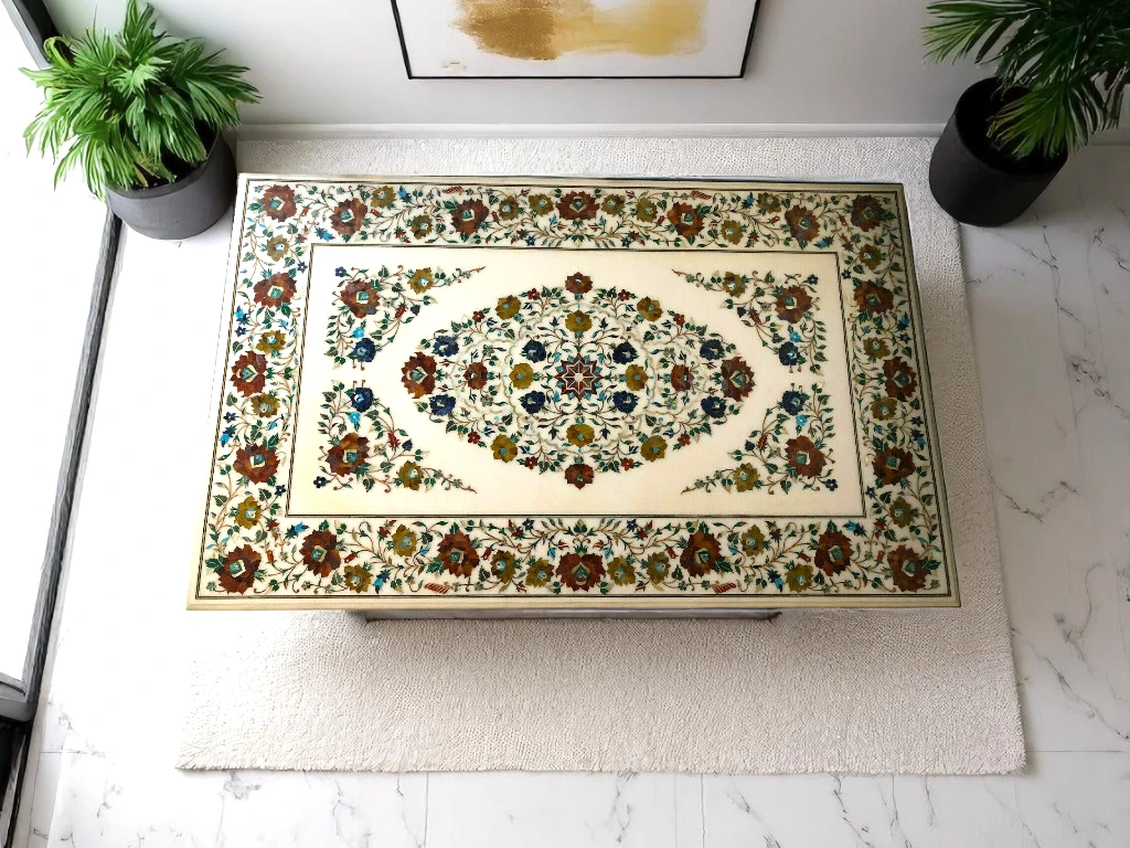Floral Marble Dining Table with Semi Precious Inlay Work